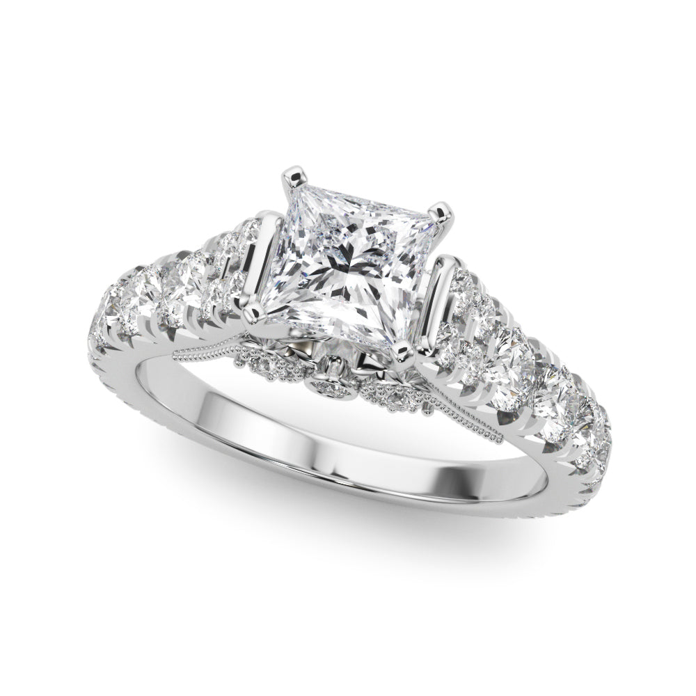 Silver Princess Cut Diamond Pavé Band Solitaire with Four-Prong Setting