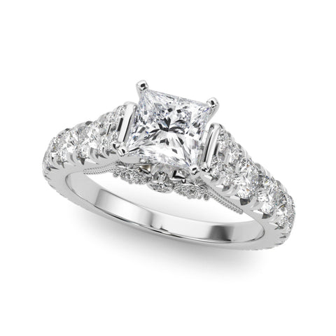 Silver Princess Cut Diamond Pavé Band Solitaire with Four-Prong Setting