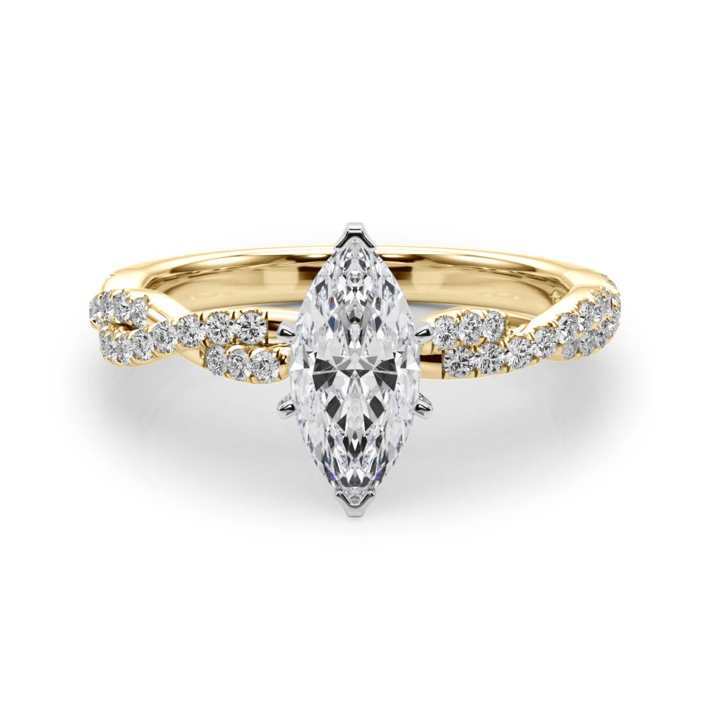 Yellow gold Marquise Solitaire Twisted Pave Band with Four-Prong Setting