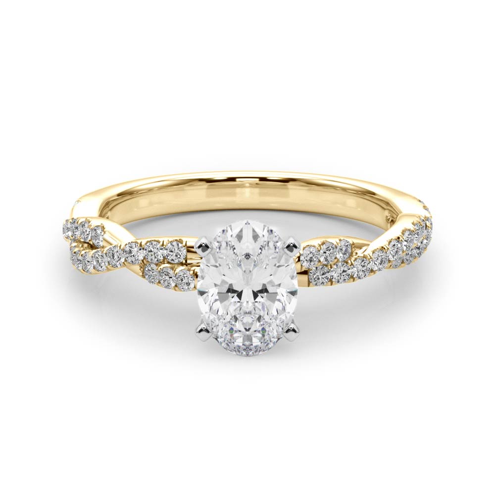 Yellow gold Oval Solitaire Twisted Pave Band with Four-Prong Setting