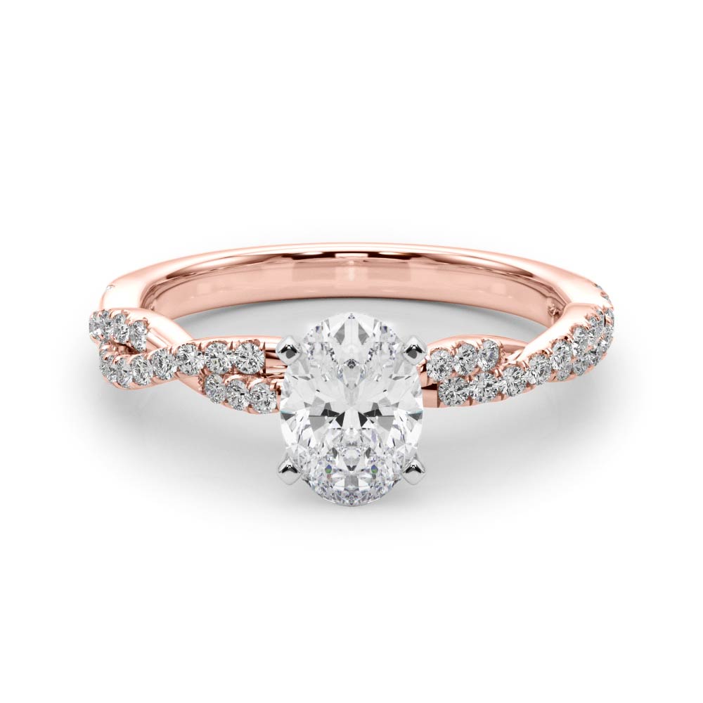 Rose gold Oval Solitaire Twisted Pave Band with Four-Prong Setting