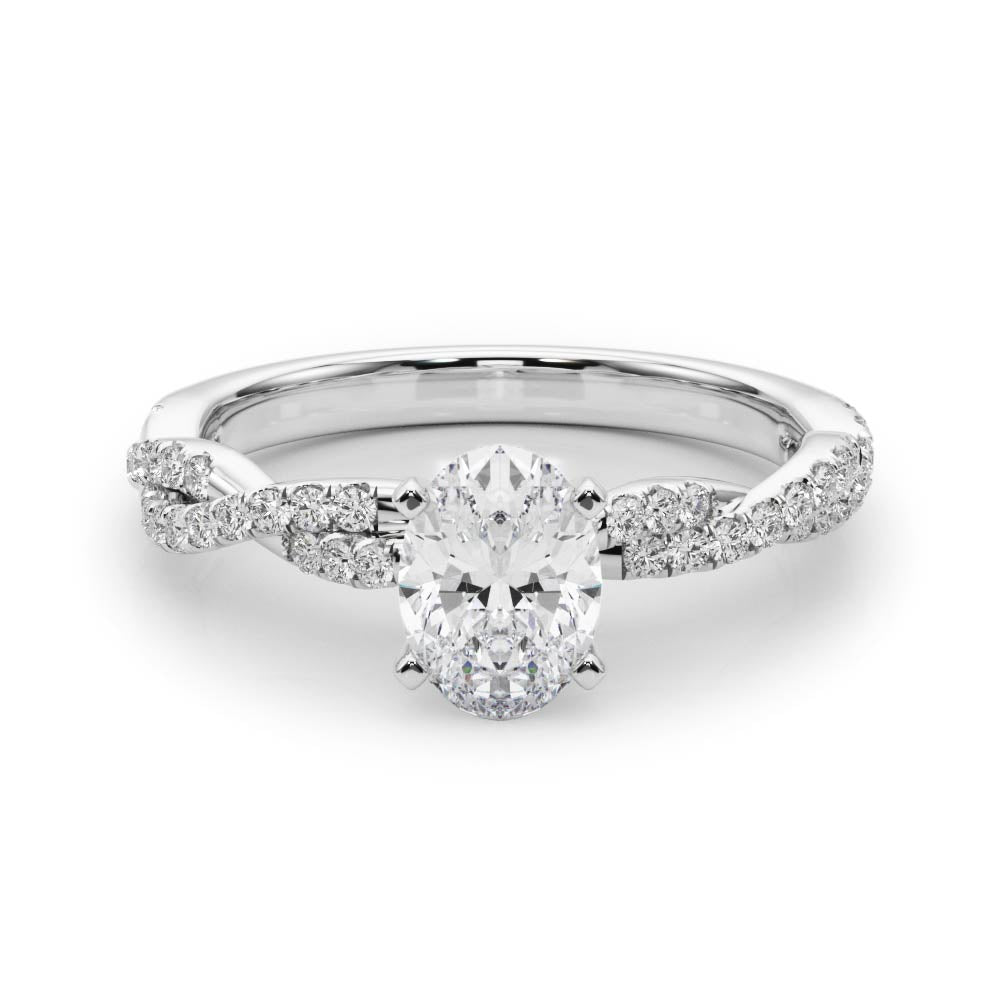 White gold Oval Solitaire Twisted Pave Band with Four-Prong Setting