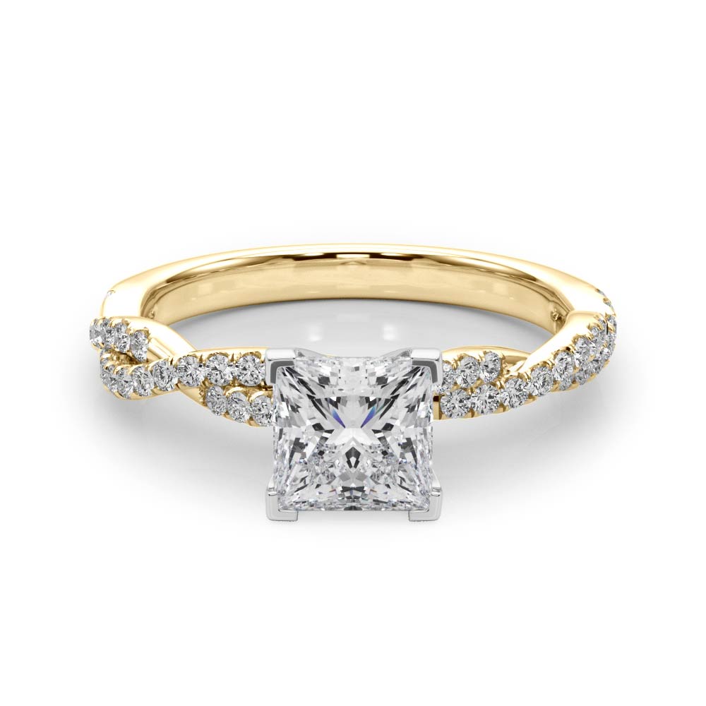 Yellow gold Princess Solitaire Twisted Pave Band with Four-Prong Setting