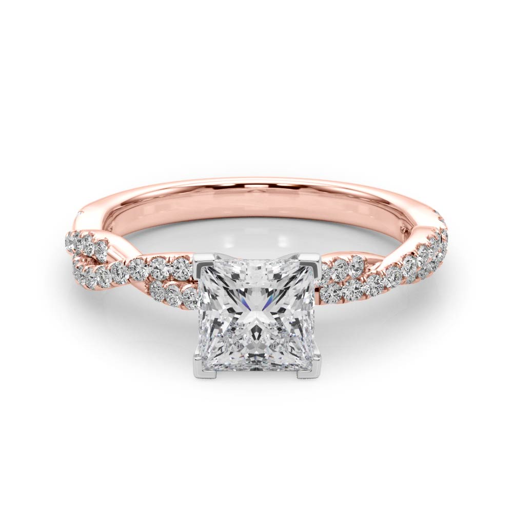 Rose gold Princess Solitaire Twisted Pave Band with Four-Prong Setting