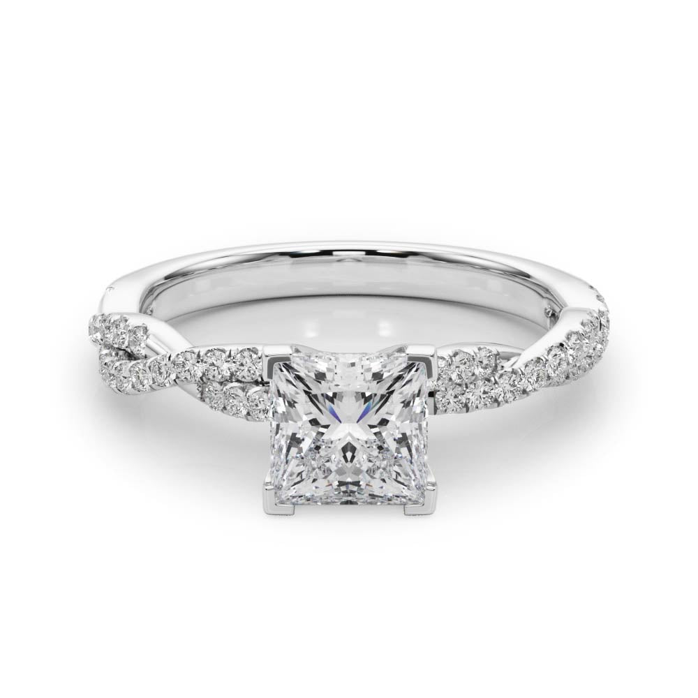 White gold Princess Solitaire Twisted Pave Band with Four-Prong Setting