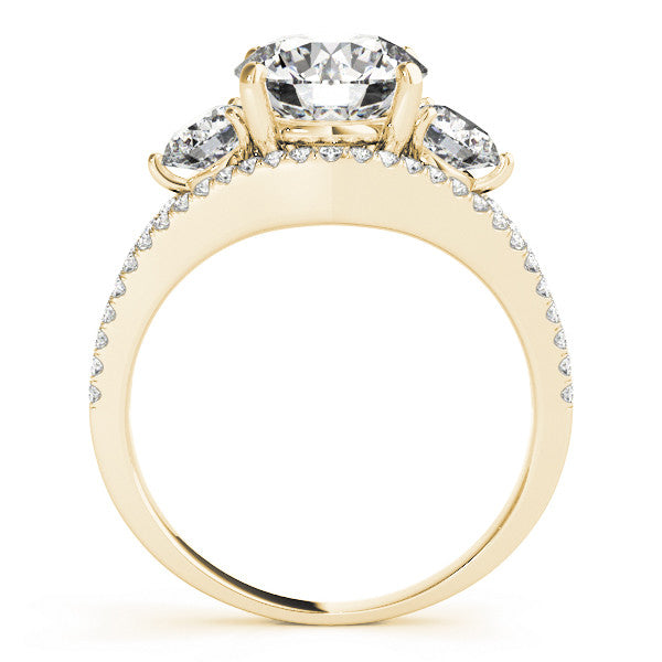 Yellow gold Round Brilliant Three-Stone Diamond Ring with Pavé Band and Prong Setting