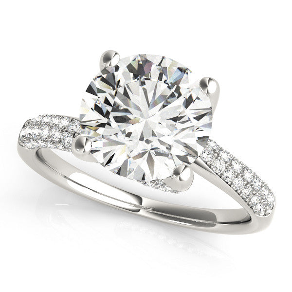 Silver Round Cut Diamond Solitaire Engagement Ring with Pave Band and Four-Prong Setting