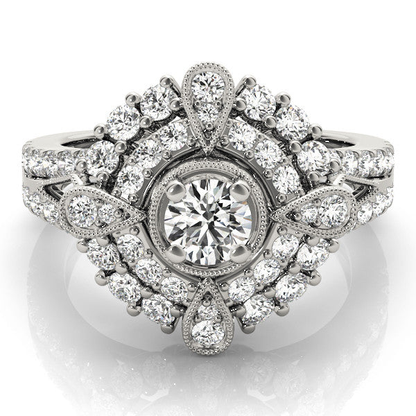 Platinum Round Halo Pear Cluster Split Shank Prong Setting Ring