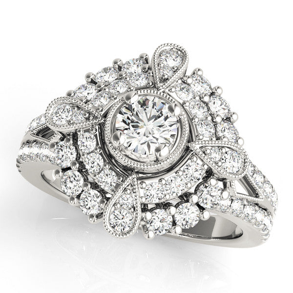 Silver Round Halo Pear Cluster Split Shank Prong Setting Ring