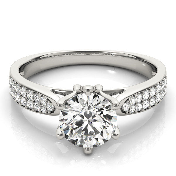 Silver Round Solitaire Pavé Split Shank Six-Prong Diamond Ring