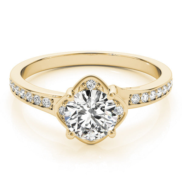 Yellow gold Round Cut Diamond Halo Pave Band Cushion Prong Ring