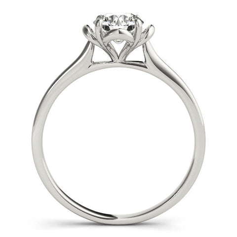 Platinum Round Solitaire Diamond Ring with Floral Prong Setting and Classic Band