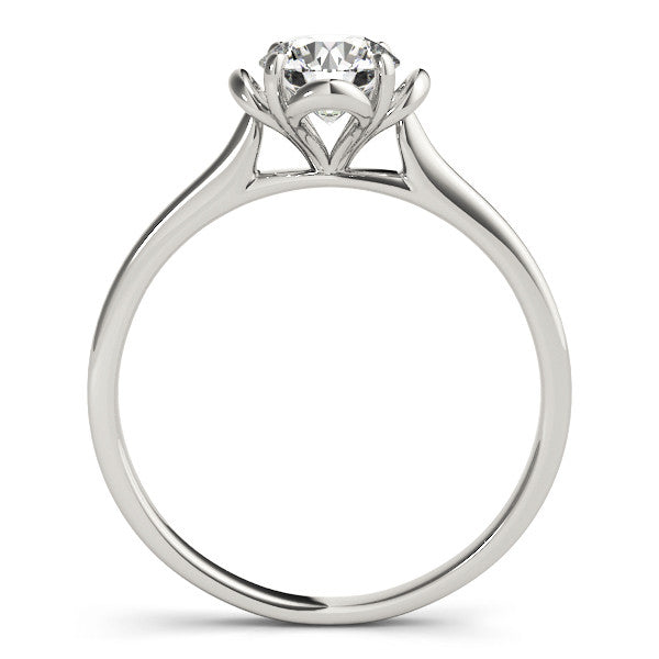 Silver Round Solitaire Diamond Ring with Floral Prong Setting and Classic Band