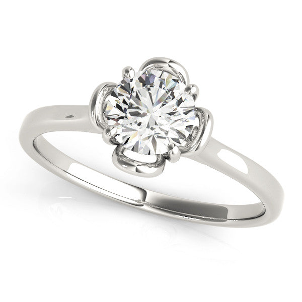 Platinum Round Solitaire Diamond Ring with Floral Prong Setting and Classic Band