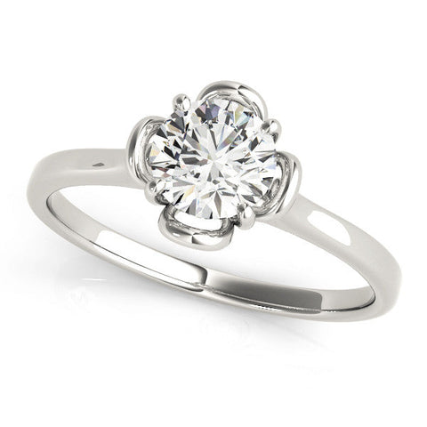 Platinum Round Solitaire Diamond Ring with Floral Prong Setting and Classic Band