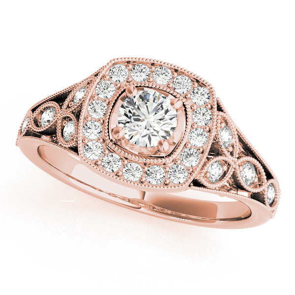 Rose gold Round Halo Vintage-Inspired Split Shank Ring with Milgrain Detailing
