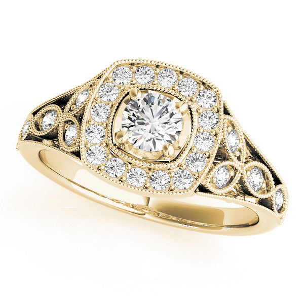 Yellow gold Round Halo Vintage-Inspired Split Shank Ring with Milgrain Detailing