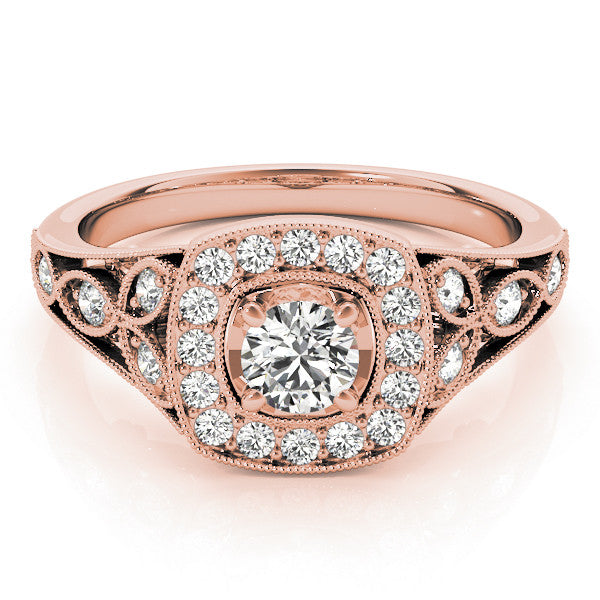 Rose gold Round Halo Vintage-Inspired Split Shank Ring with Milgrain Detailing