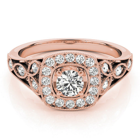 Rose gold Round Halo Vintage-Inspired Split Shank Ring with Milgrain Detailing