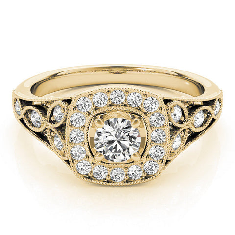 Yellow gold Round Halo Vintage-Inspired Split Shank Ring with Milgrain Detailing
