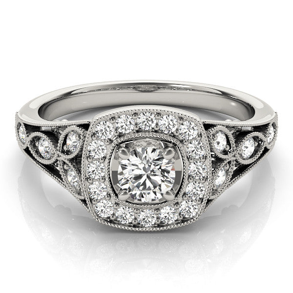 Platinum Round Halo Vintage-Inspired Split Shank Ring with Milgrain Detailing
