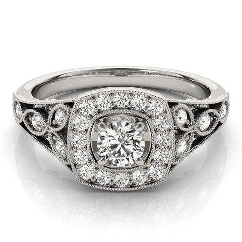 Platinum Round Halo Vintage-Inspired Split Shank Ring with Milgrain Detailing