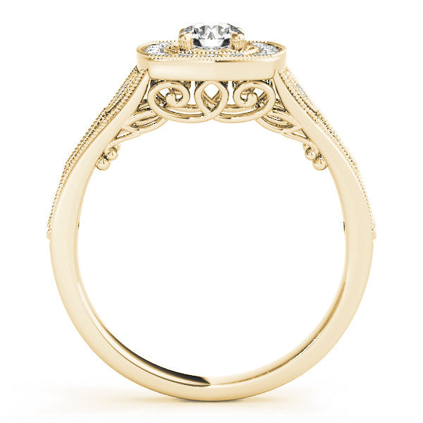 Yellow gold Round Halo Vintage-Inspired Split Shank Ring with Milgrain Detailing