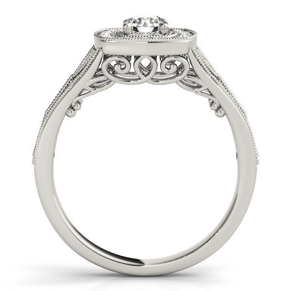 Silver Round Halo Vintage-Inspired Split Shank Ring with Milgrain Detailing