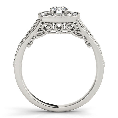 Silver Round Halo Vintage-Inspired Split Shank Ring with Milgrain Detailing