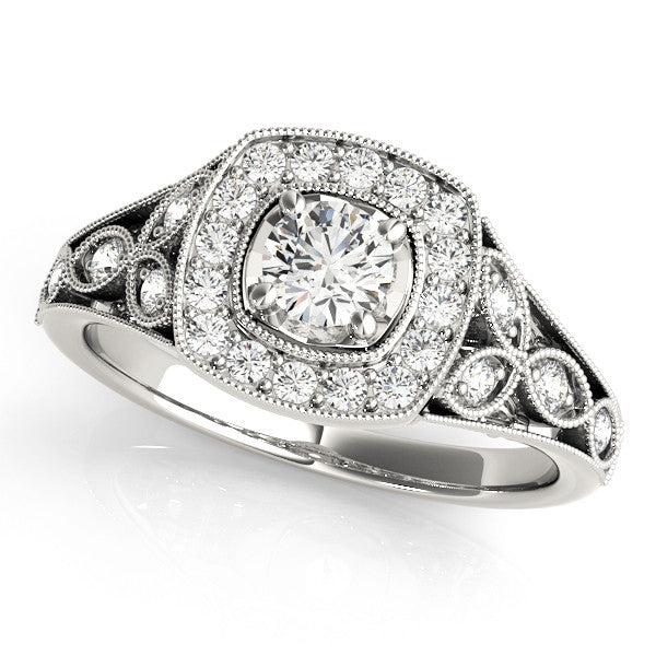 Silver Round Halo Vintage-Inspired Split Shank Ring with Milgrain Detailing