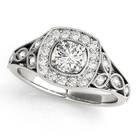 Platinum Round Halo Vintage-Inspired Split Shank Ring with Milgrain Detailing