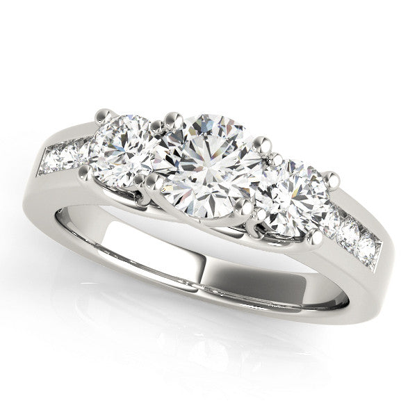 Silver Three-Stone Round Cut Channel-Set Diamond Ring with Prong Setting