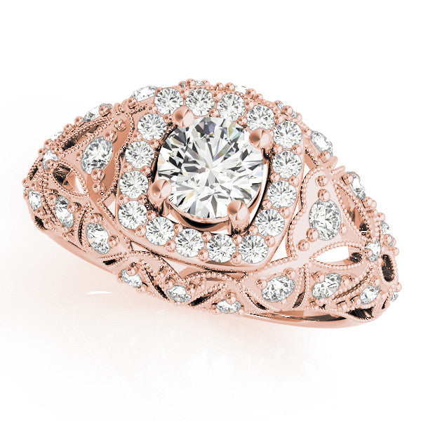 Rose gold Round Halo Milgrain Pave Diamond Engagement Ring with Filigree Band and Four-Prong Setting