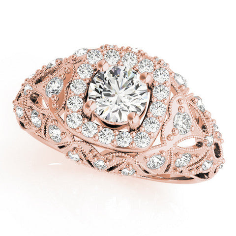 Rose gold Round Halo Milgrain Pave Diamond Engagement Ring with Filigree Band and Four-Prong Setting