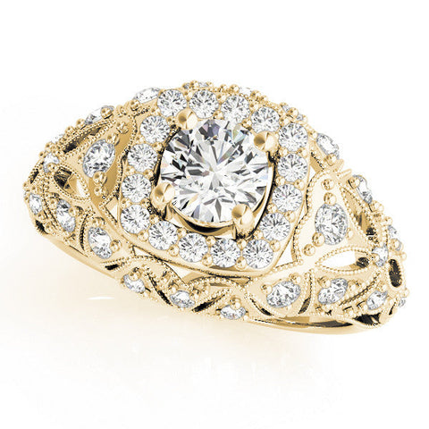 Yellow gold Round Halo Milgrain Pave Diamond Engagement Ring with Filigree Band and Four-Prong Setting