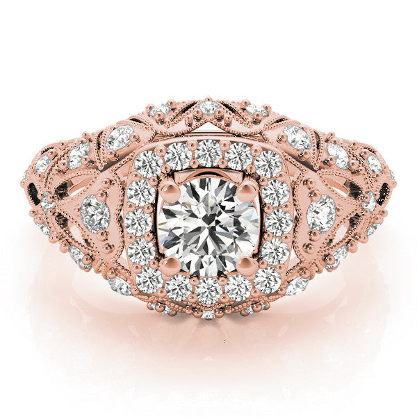 Rose gold Round Halo Milgrain Pave Diamond Engagement Ring with Filigree Band and Four-Prong Setting
