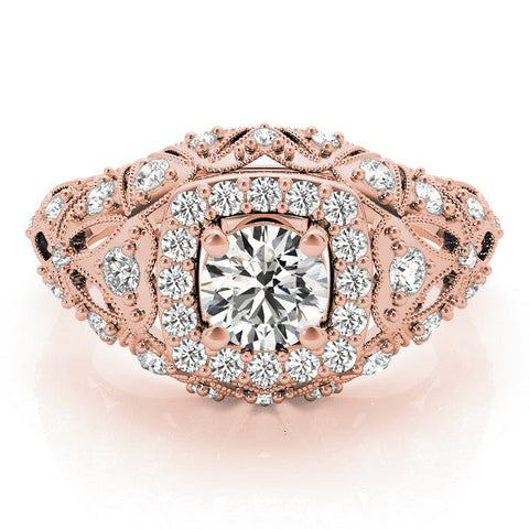 Rose gold Round Halo Milgrain Pave Diamond Engagement Ring with Filigree Band and Four-Prong Setting