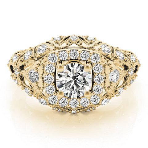 Yellow gold Round Halo Milgrain Pave Diamond Engagement Ring with Filigree Band and Four-Prong Setting