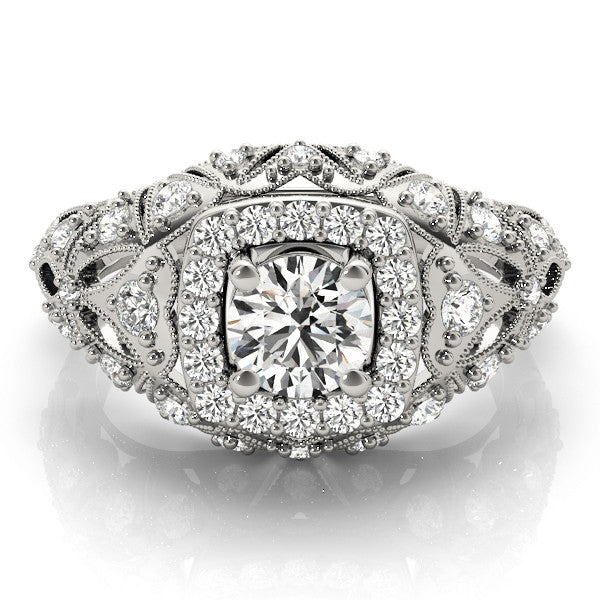 Silver Round Halo Milgrain Pave Diamond Engagement Ring with Filigree Band and Four-Prong Setting