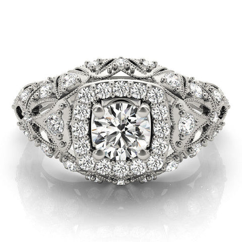 Silver Round Halo Milgrain Pave Diamond Engagement Ring with Filigree Band and Four-Prong Setting