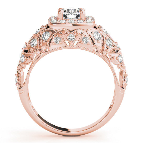 Rose gold Round Halo Milgrain Pave Diamond Engagement Ring with Filigree Band and Four-Prong Setting