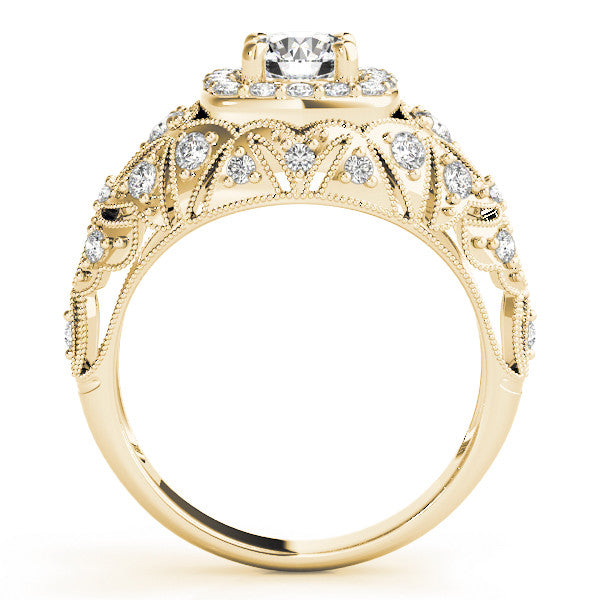 Yellow gold Round Halo Milgrain Pave Diamond Engagement Ring with Filigree Band and Four-Prong Setting