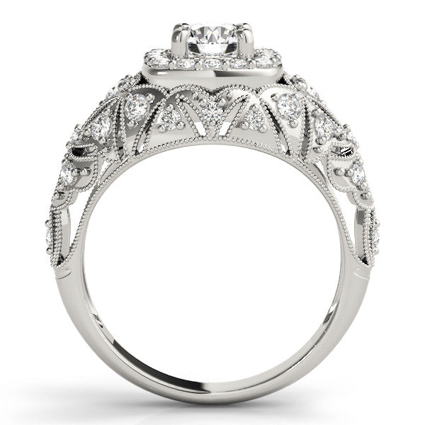 White gold Round Halo Milgrain Pave Diamond Engagement Ring with Filigree Band and Four-Prong Setting