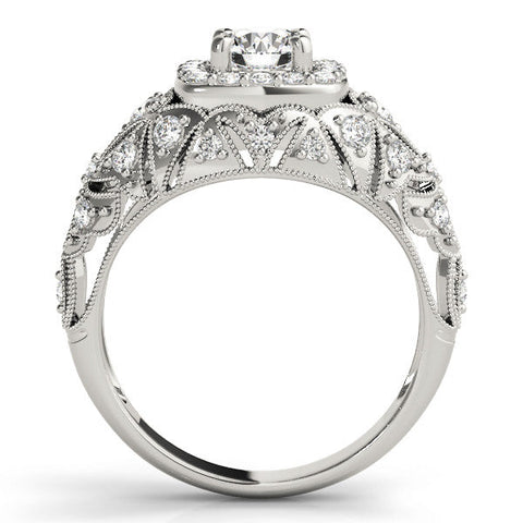 White gold Round Halo Milgrain Pave Diamond Engagement Ring with Filigree Band and Four-Prong Setting