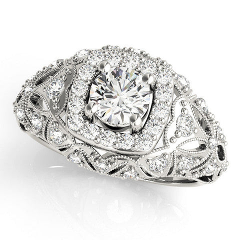 Silver Round Halo Milgrain Pave Diamond Engagement Ring with Filigree Band and Four-Prong Setting