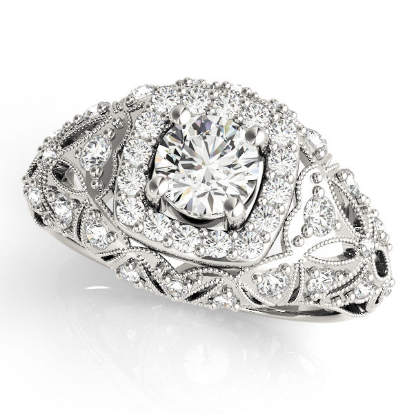 Platinum Round Halo Milgrain Pave Diamond Engagement Ring with Filigree Band and Four-Prong Setting
