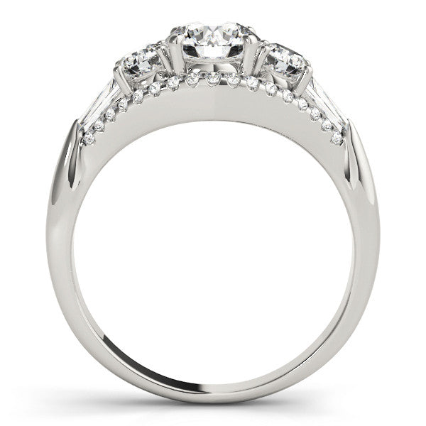 Silver Three-Stone Round Diamond Engagement Ring with Pave Band and Prong Setting
