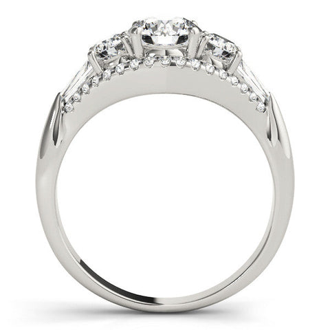 Silver Three-Stone Round Diamond Engagement Ring with Pave Band and Prong Setting