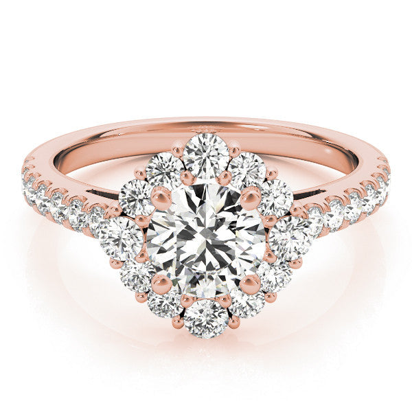Rose gold Round Halo Diamond Ring with Pavé Band and Four-Prong Setting