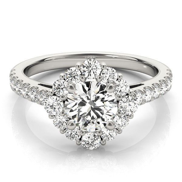 Platinum Round Halo Diamond Ring with Pavé Band and Four-Prong Setting